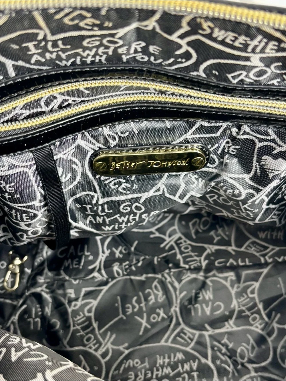 Betsey Johnson Black Quilted Heart Satchel Purse Bow Tassel Charm Glossy Patent